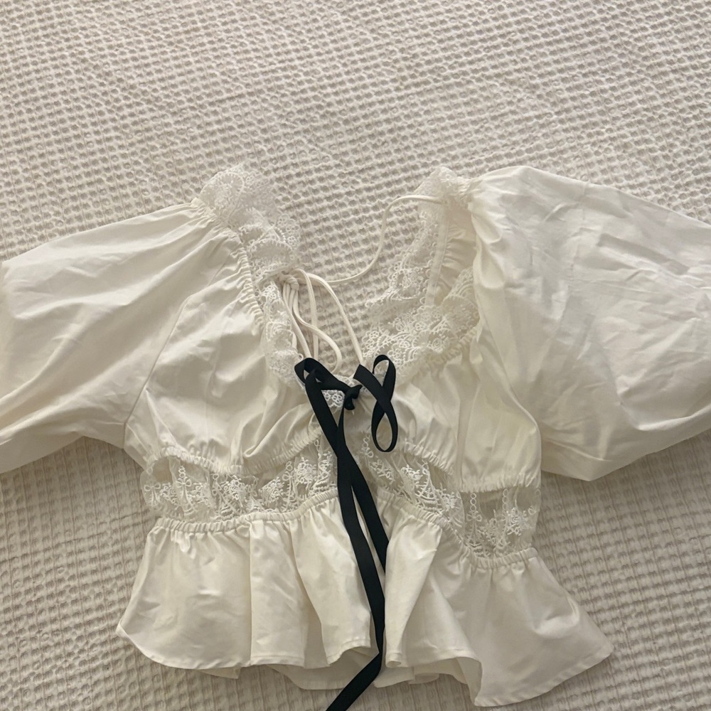 For Love And Lemons Cream Blouse with Black Ribbon